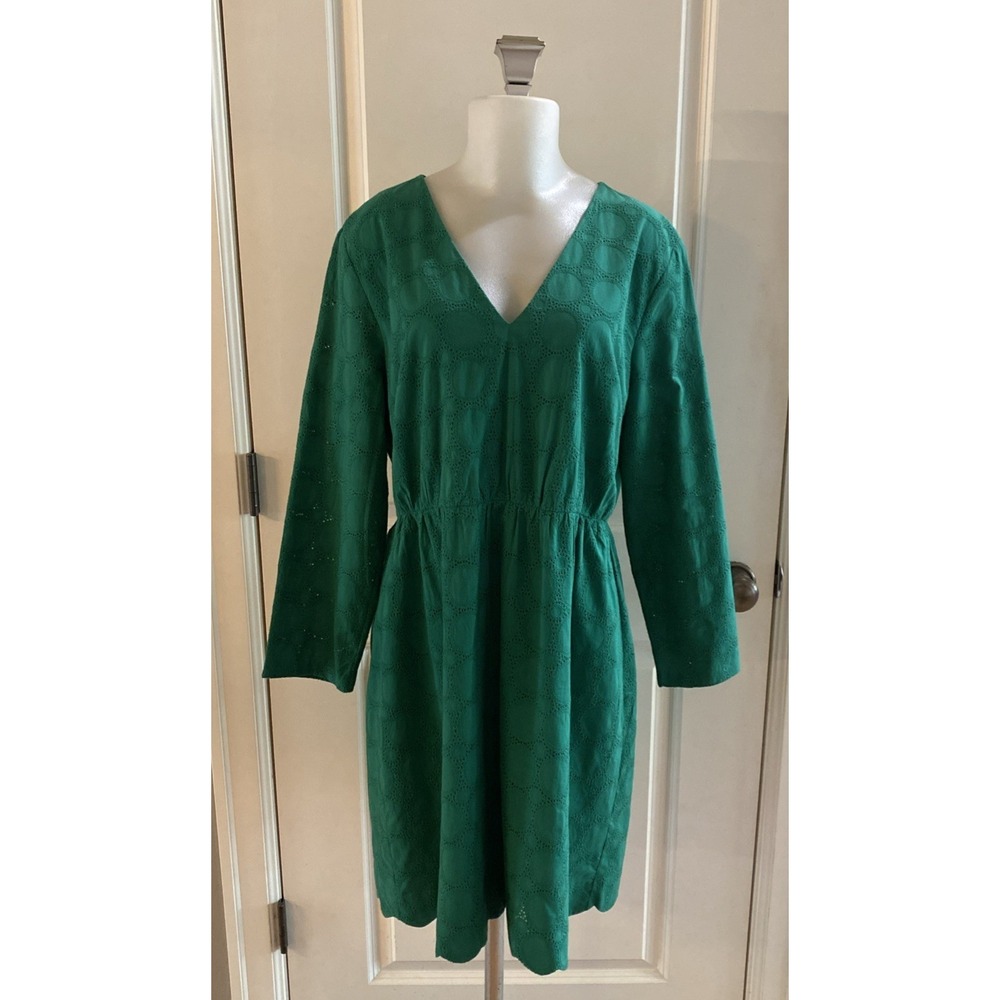 J. Crew Green Eyelet Long Sleeve V-Neck Dress Scalloped Knee Length -Size 14